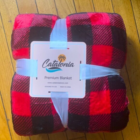 2x Catalonia Classic Red Black Checkered Holiday Blanket Buffalo Plaid Sherpa - Picture 3 of 6